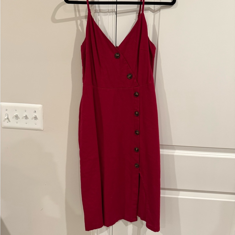 Vici Deep Red Button-Front Spaghetti Strap Midi Dress